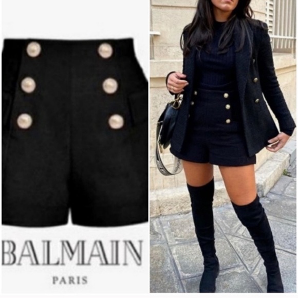 Zara Black Textured High Waisted Shorts with Gold Buttons - Picture 7 of 10